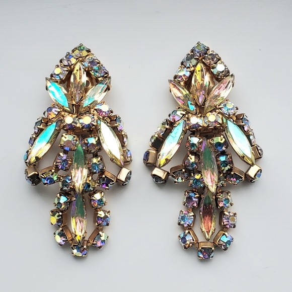Vintage 80s Rhinestone Dangle Statement Earrings Clip-on - Picture 1 of 5